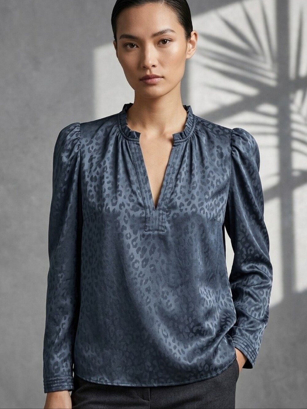 Current Air Charcoal Satin Animal Print Ruffle V-Neck Blouse  L Anthropologie